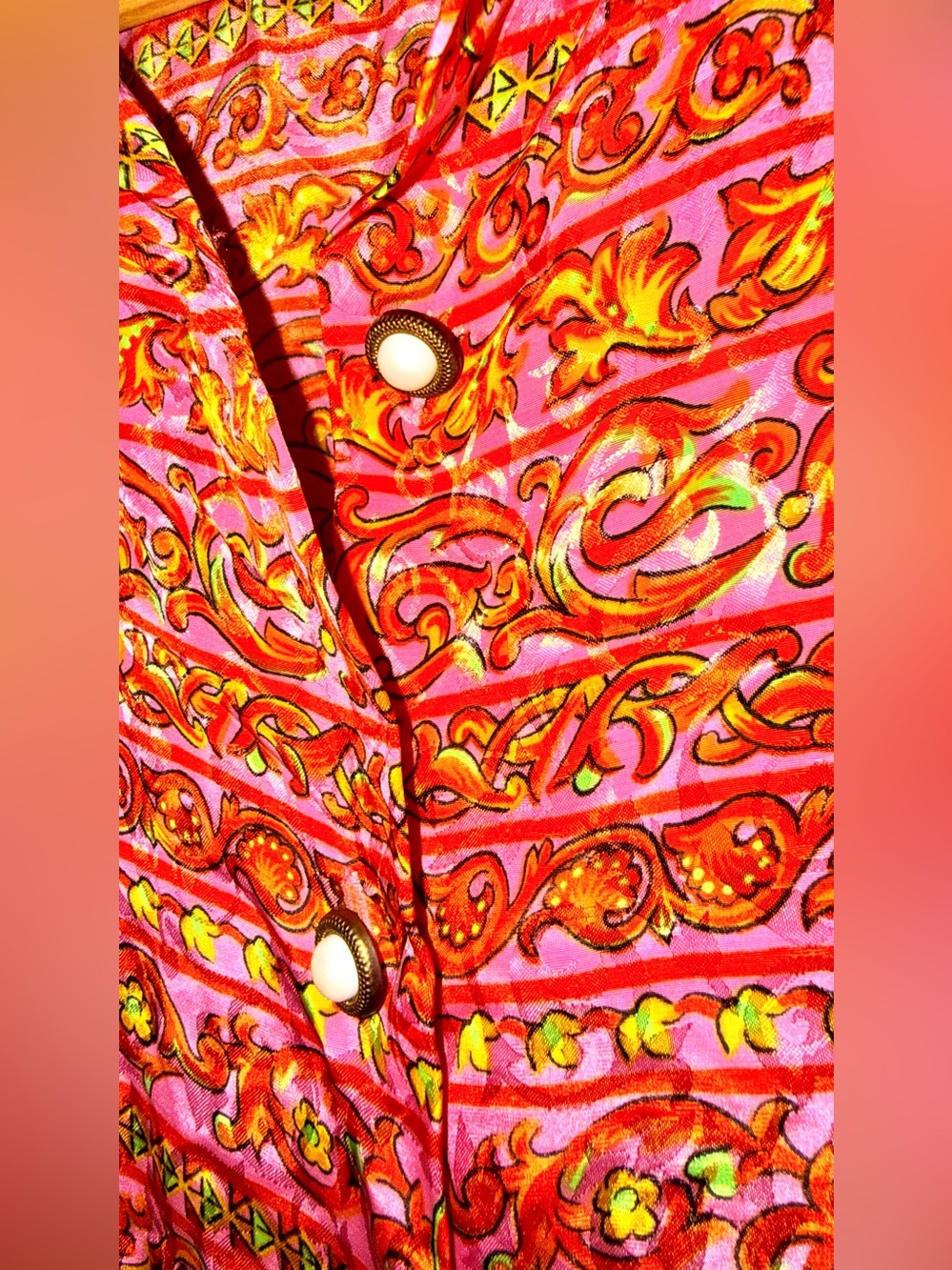 Vintage Schrader Pink Orange Baroque Print Button Front Dress Size 16 Retro Cott